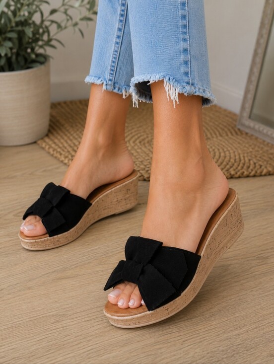 Shoes - Black Bow Cork Wedge Slide Sandals - Women